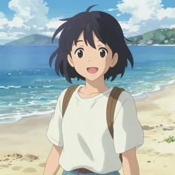 Portrait of a happy anime woman on the beach near the ocean, makoto shinkai, very comfy