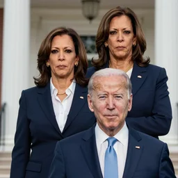 ultra realistic photo of joe biden with kamala harris menacingly standing behind him