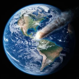 View from space, earth in frame, a large comet hitting Earth, Les Edwards, Zdzislaw Beksinski, Carl Gustav Carus, John Harris, Michal Karcz, Zhang Kechun, Mikko Lagerstedt, Scott Listfield, Steven Outram, Jessica Rossier