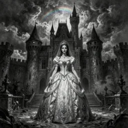 By Tom Bagshaw and Boris Vallejo, ultra realist soft painting of a castle court by night, centered female princess fully dressed, horror, omnious sky, symmetry accurate features, very intricate details, fading rainbow light, black and white, volumetric light clouds, artstation, 8K