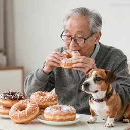 an old asian grandpa wearing glasses eating lots of large doughnuts with his brown staffordshire bull terrier