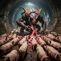 a monstrously huge evil insectoid monster eating the flesh of a thousand pigs, inside a vast tunnel, stetching as far as the eye can see, photorealistic, cinematic, 4k, octane render