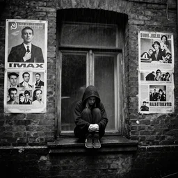 at night, sadie sink in hoodie sits on windowsill, knees tucked in | rain falls, old brick wall with ussr propaganda posters : imax b & w film stock, anamorphic, single long shot. by weegee, paul strand, imogen cunningham, richard avedon, don mccullin, dorothea lange, robert doisneau, henri cartier - bresson, brassai, robert capa. cyberpunk, photorealistic, cinematic atmosphere, detailed and intricate, perfect anatomy