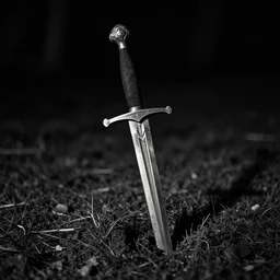 A sword stuck in the ground, as a makeshift grave. Close Up Shot, Dark Fantasy, Film Noir, Black and White. High Contrast, Mike Mignola, D&D, OSR