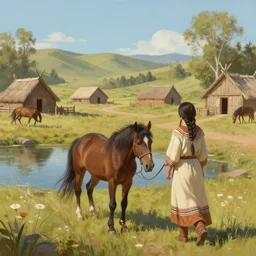 a beautiful matte painting of a woman leads a horse to a nearby pond in a native american village, a beautiful artstation, by greg rutkowski