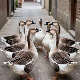 a gaggle of geese conspiring in secret, meeting in an alleyway