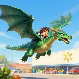 Man flying on the back of a dragon to get groceries at Walmart, 8k, digital art