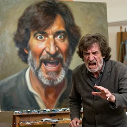 old bob ross is sad and angry and yelling at a huge painting by bob ross, staring eyes