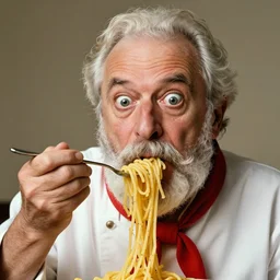 extremely detailed portrait of old italian cook, spaghetti mustache, slurping spaghetti, spaghetti in the nostrils, spaghetti hair, spaghetti beard, huge surprised eyes, shocked expression, scarf made from spaghetti, full frame, award winning photo by herb ritts