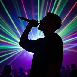 rapping into microphone, epic angle, profile view, silhouetted, distinct, psychedelic hip-hop, laser light show, beams of light, illustrated by Victor Moscoso