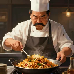 A chef with a big mustache proundly making a yakisoba, digital painting, artstation, concept art, Craig Mullins, Breathtaking, 8k resolution, extremely detailed, beautiful, establishing shot, artistic, hyperrealistic, octane render, cinematic lighting, dramatic lighting, masterpiece, light brazen, extremely detailed and beautiful face