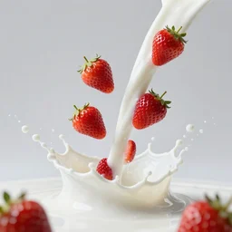 white milk splashes in air, strawberries falling through, advertising photo, highspeed photo, studio lighting, 1 / 5 0 0 s