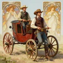 hyperrealist portrait of a cowboy driving a stage coach by jeremy mann and alphonse mucha, fantasy art, photo realistic, dynamic lighting, artstation, poster, volumetric lighting, very detailed faces, 4 k, award winning