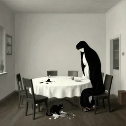 a shinigami returns home after a long day of reaping souls only to find his pet cat has made a mess of the dining room table. a haunting minimal artwork by hieronymus bosch, cyril rolando, esher and natalie shau, whimsical, profound, impossible