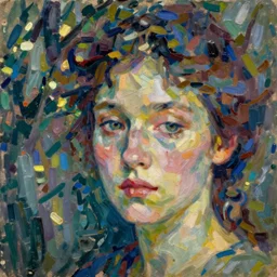 an extreme close-up abstract portrait of a lady enshrouded in an impressionist representation of Mother Nature’s trees and the meaning of life by Igor Scherbakov, abstract, thick visible brush strokes, figure painting by Anthony Cudahy and Rae Klein, minimalist vintage cover illustration by Mitchell Hooks