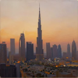 painting of skyline of dubai at sunset, natural light, concept art, by greg rutkowski, cozy atmospheric and cinematic lighting