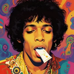 a colorful vibrant closeup portrait of Jimi Hendrix licking a tab of LSD acid on his tongue and dreaming psychedelic hallucinations, by kawase hasui, moebius, Edward Hopper and James Gilleard, Zdzislaw Beksinski, Steven Outram colorful flat surreal design, hd, 8k, artstation