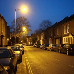 suburban english street at night, 2003, yellow street lights, cars parked, amateur, flickr