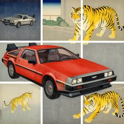 a red delorean and yellow tiger, painting by hsiao - ron cheng and utagawa kunisada, magazine collage, no humans, # de 9 5 f 0