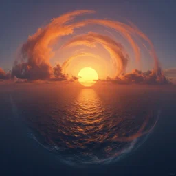 sperical hdri map, epic fantasy, ocean, mattepainting, octane, warm sundown, fall vibrancy, swirley clouds, by greg rutkoswki, by gehry