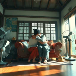 wide shot of asian couple hugging at each other, sitting in rural living room, group of mechanical fans placing around the room, day light, colorful mood, high details, octane render, 8 k, digital illustration by kyuyong eom, realistic painting by aivazovsky, james jean, greg rutkowski, anato finnstark