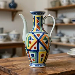beautiful ceramics studio photograph of a tall colorful geometric symmetrical fancy porcelain jug glazed by paul klee and placed on a polished wooden table, hyperrealism 8 k trending on artstation