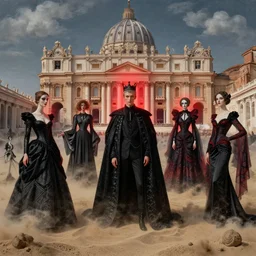 the king of dreams, sandman by neil gaiman, gowns by gareth pugh and alexander mcqueen, vatican in background, cloud of sand, dreaming, in the style of max ernst, leonora carrington, by raqib shaw, intricate composition, insanely quality, highly detailed, masterpiece, red light,
