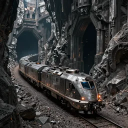 a huge armored train driving through a gigantic underground canyon dissapearing into darkness, futuristic, gothic, sci-fi, brutalism, hyperdetailed, Cinematic, panoramic Angle, Side-View, Kinemacolor, Massive, Artstation, 8k