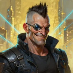 an intimate portrait of a gnarly human cyberpunk captain, old skin, mohican, charming, strong leader, metal eye piece, a look of cunning, big smile, detailed matte fantasy painting, golden cityscape, lasers, sparks, yellow and blue and cyan