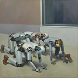robots prostrate jum ah, grant wood, pj crook, edward hopper, oil on canvas