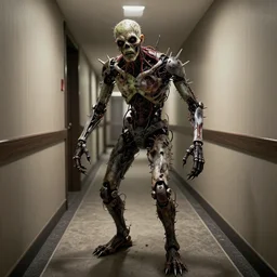 cyborg zombie, wires, spikes, in a hotel corridor, horror art by greg rutkowski