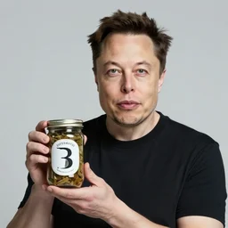 a photo of elon musk holding a jar of 🅱 eans