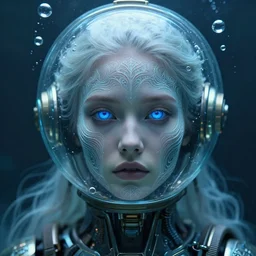 biopunk cyborg portrait by julie bell, intricate biopunk patterns, ethereal hair, mesmerizing blue eyes, glass bubble helmet, escaping air bubbles, underwater, detailed!, very sharp!!!