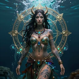 a centered full body render of alluring festival hippie goddess with tribal tattoos surrounded by a underwater ink pour and flowing liquid gallium and sacred geometry, perfect face, powerful, cinematic, beautifully lit, by artgerm, by karol bak, by donato giancola, 3 d, trending on artstation, octane render, 8 k