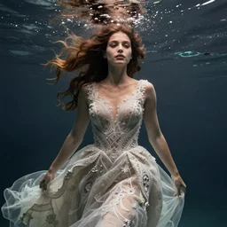 underwater photo of a woman in a wedding dress, intricate patterns, muted colors, flowing hair, airbubbles, by mira nedyalkova