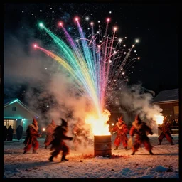 kodak portra 4 0 0, wetplate, winter, snowflakes, rainbow coloured rockets, chaos, glitter tornados, award winning dynamic photo of a bunch of hazardous krampus between exploding fire barrels by robert capas, motion blur, in the hall of an inn at night with colourful pyro fireworks and torches, teal lights