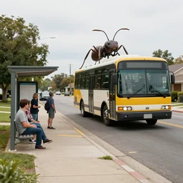 an ant as big as a bus walking on a suburban street, people waiting at a bus stop, realistic trending on art station