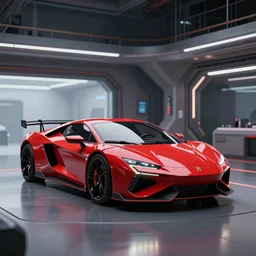 kama russian electrocar, inside futuristic hangar, red car, sharp focus, ultra realistic, ultra high pixel detail, cinematic, intricate, cinematic light, concept art, illustration, art station, unreal engine 8 k