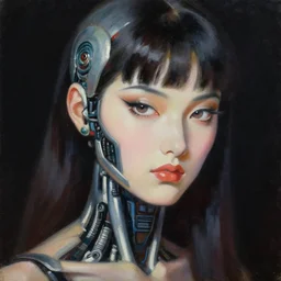 photorealism oil painting, close - up portrait of cyborg fashion model mixed with fidenza, black background, in style of classicism mixed with 8 0 s japanese sci - fi books art