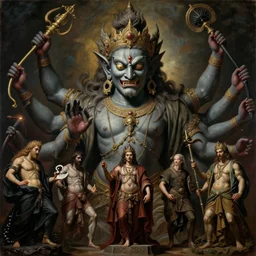 a beautiful cinematic masterpiece gothic headshot portrait of mystical majestic colossal hindu mythological demon god of art aesthetics and creativity, by artemisia gentileschi, by caravaggio, by tim hildebrandt, by wayne barlowe, by bruce pennington, by greg rutkowski, oil on canvas, trending on artstation, featured on pixiv, brilliant lighting, sharp, hyper - detailed, cinematic composition, no frames, hd, 8 k
