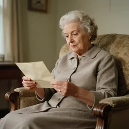 an old lady sitting in a comfortable chair reading a letter, 1 9 5 0 s