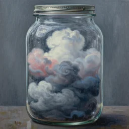 a beautiful rainstorm trapped in a jar. roiling colorful clouds in moody greys and blues, all inside the jar. beautiful detailed dramatic painting by artgerm and magali villanueve and james jean