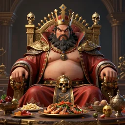 an intricate concept art, photorealism, angry fat bearded king, food and treasures on the table, skeleton throne, ultra photorealistic, pinterest, artstation, cgsociety, pinterest, digital art, hyper detail, anime colors, style by wlop, octane render, 8 k
