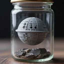 a tiny realistic proportioned death star in space contained inside a glass jar. sharp focus, photography, unreal engine, trending on artstation, photorealistic, octane, trending on deviantart, unreal engine