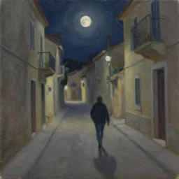 walking home at a dark night through the empty narrow streets of a mediterranean town, 8 k, impasto paint, oil on canvas, muted colours, full moon shining,
