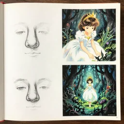 a little princess, 3 ／ 4 nose sketches, looking down, the picture book of the princess in dark demoniac evil swamp. by satoshi kon, ilya repin, lena aenami, shinji kimura