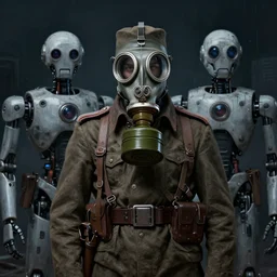 portrait of futuristic world war 1 russian soldier with gp - 5 gas mask, dark night background, moody colors, high details, dripping paint, greg rutkowski, craig mullins, friendly robot, ash thorpe, fibonacci rhythm ar