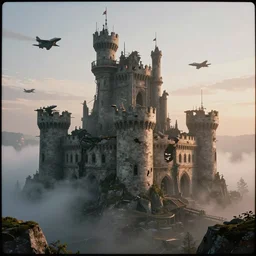 a highly detailed photo of a post - future damaged castle surrounded by a mist and jet fighters shot at sunrise on 3 0 mm film painted by alena aenami, rendered in unreal engine