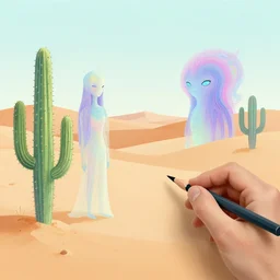 A hand drawn digital still of mystical desert with strange ethereal creatures and cactus with a psychedelic night sky in the style of Alex Grey and Moebius, risograph, Artstation HD, 8k, Surrealistic digital artwork,