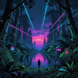 a beautiful ultradetailed anime illustration of urbex highlands by edward hopper, vaporwave gem cyberpunk nightvision rainforest anime darkacademia sea retrowave lake at night tokyo universe junglepunk neon noir extraterrestial laser at dusk futuristic at dawn dramatic lighting, archdaily, wallpaper, highly detailed, trending on artstation.